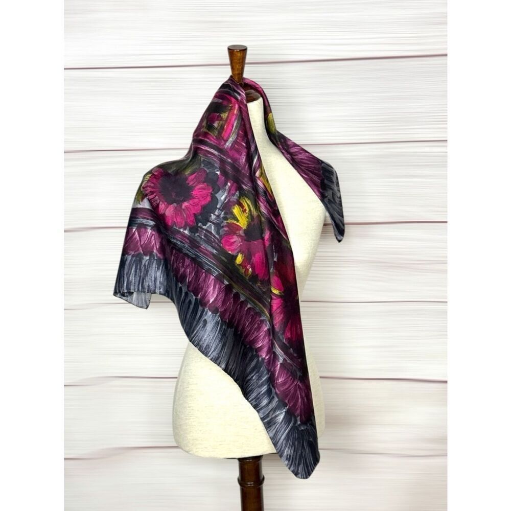Vintage Hand Rolled Silk Scarf Abstract Floral Geometric Purple Pink Gray 29x29"